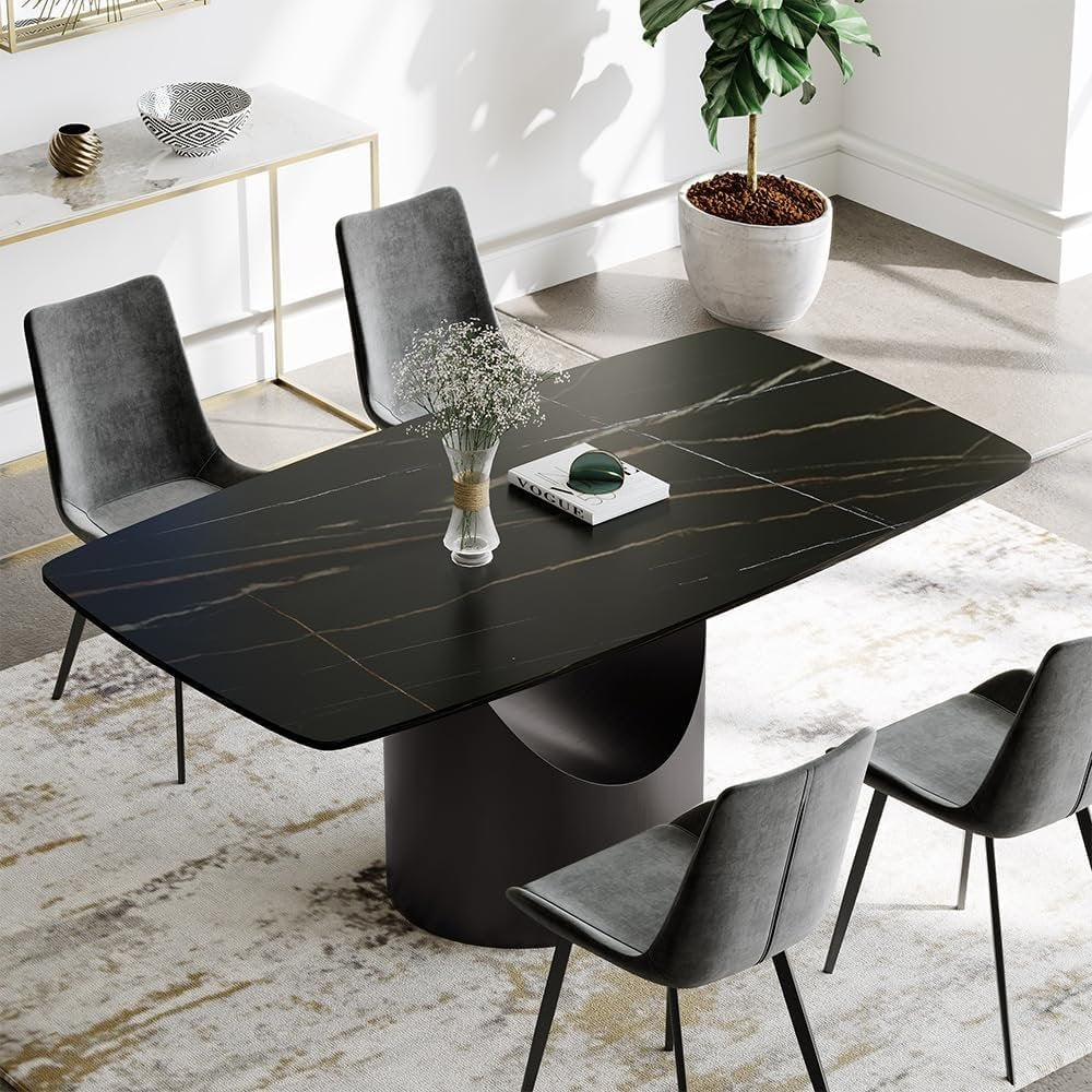 POVISON 94'' Modern Rectangular Dining Table for 8–10 – Black Sintered Stone Tabletop w/Dark Grey Carbon Steel Pedestal, Luxury Kitchen & Dining Room Table, Elegant Large-Capacity Design