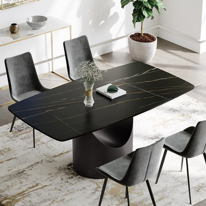 POVISON 94'' Modern Rectangular Dining Table for 8–10 – Black Sintered Stone Tabletop w/Dark Grey Carbon Steel Pedestal, Luxury Kitchen & Dining Room Table, Elegant Large-Capacity Design