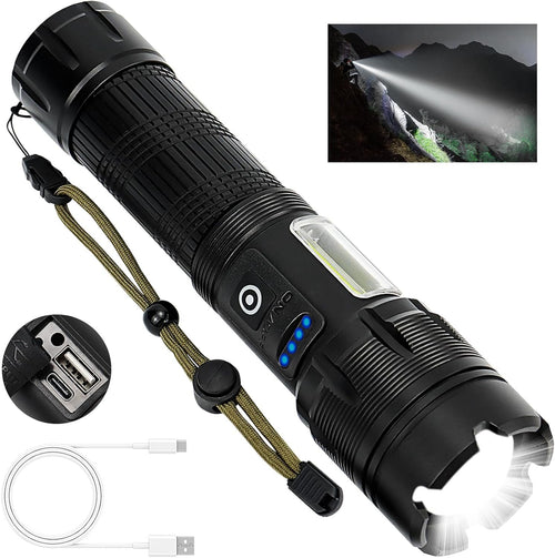 Rechargeable Flashlight Led,600000 High Lumens Super Brightest Flashlight,Tactical Flashlight with zoomable, 7 Modes & COB Light, IPX7 Waterproof, for Emergencies, Outdoor Hiking