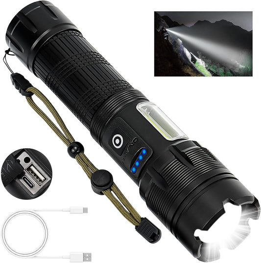 Rechargeable Flashlight Led,600000 High Lumens Super Brightest Flashlight,Tactical Flashlight with zoomable, 7 Modes & COB Light, IPX7 Waterproof, for Emergencies, Outdoor Hiking