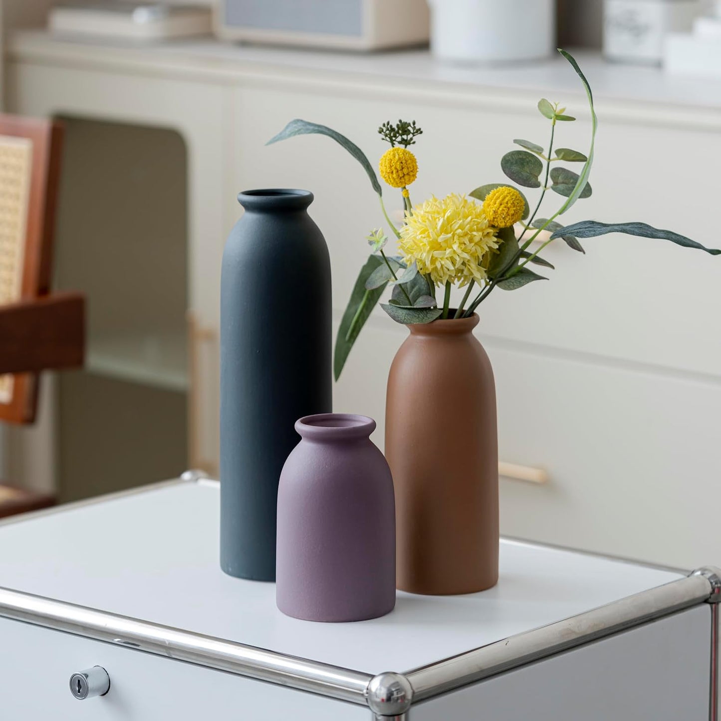 10.4 inches Tall Decorative Ceramic Vase Set, 3 Pieces, Nordic Modern Boho Style, White, for Home Decor (Black Mix)