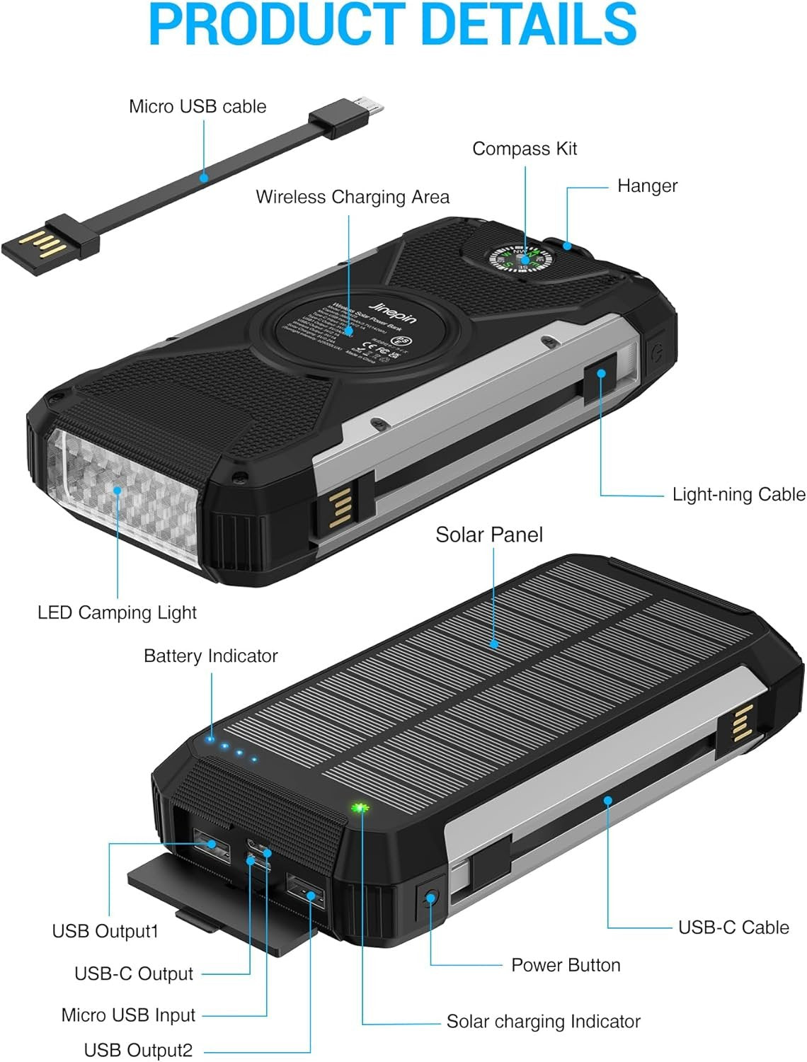 Solar Charger 38600mAh,Solar Power Bank Wireless Portable Charger Built in 3 Cables External Battery Pack Waterproof with 4 Outputs 2 Inputs USB C 15 W 5V/3A Battery Bank with Camping Light Compass