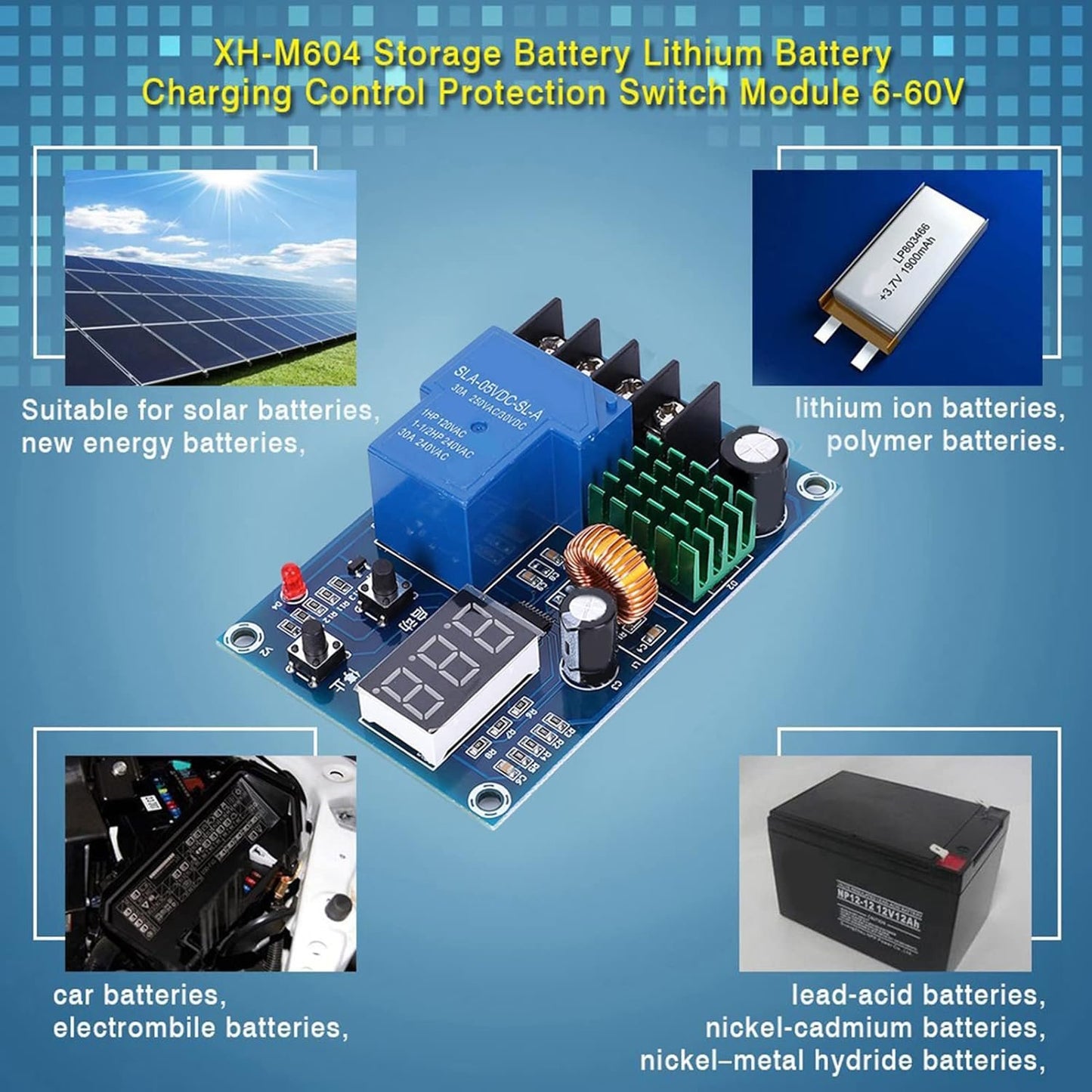 XH-M604 Board DC 6-60V Battery Charging Control Module with Digital Display for Home Solar Energy