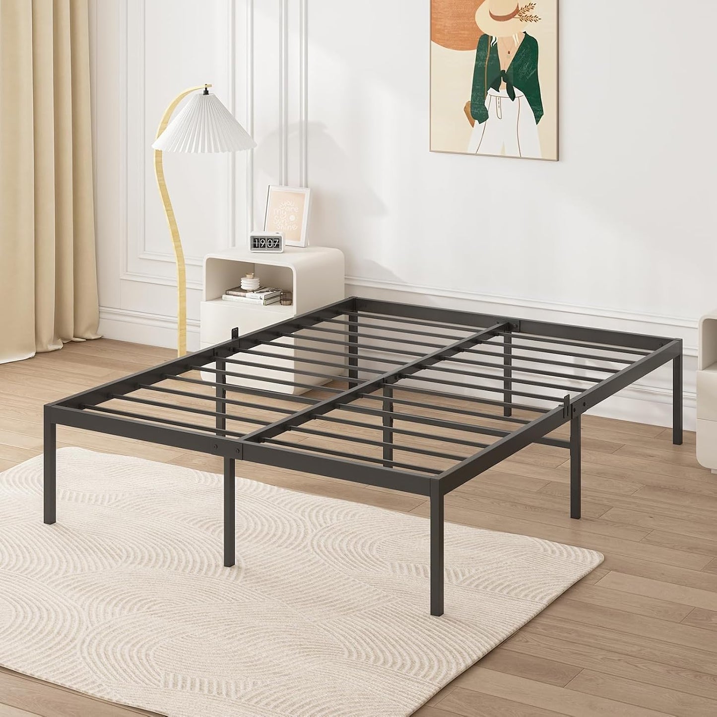 ADVWIN Bed Frame Queen Size, All Metal Material Mattress Base, Large Storage Space Under Platform Bed, Black