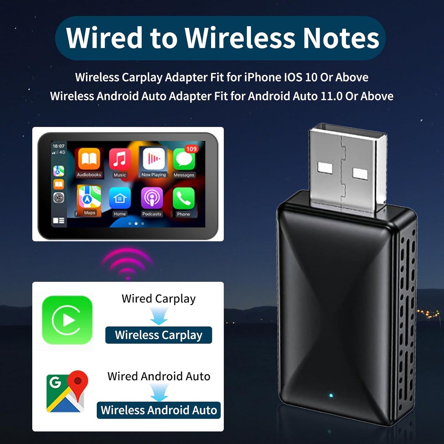 CHEERLINK Wireless Carplay Android Car and Carplay Wireless Adapter, Compatible with iOS 10+ and Android 11.0+, Mini & Stable 5.8GHz WiFi Plug & Play, (USB/Type-C)