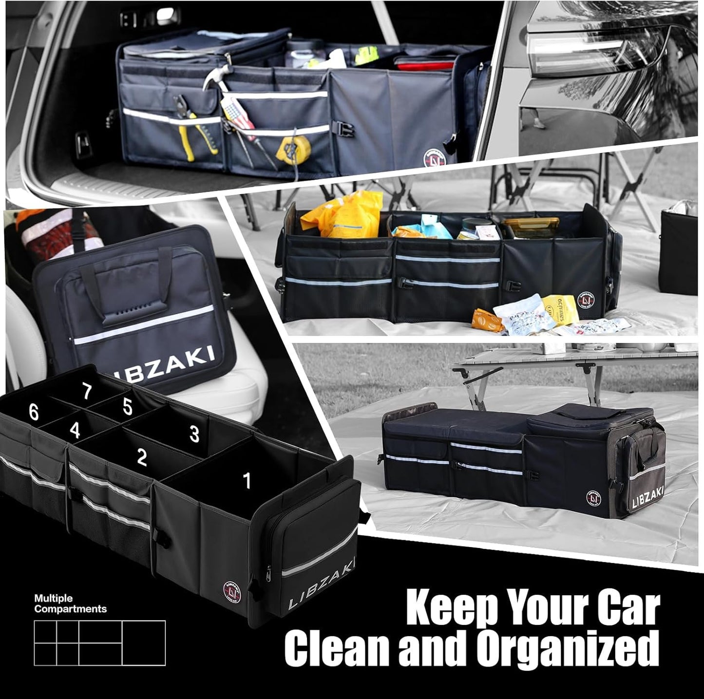 LIBZAKI Oversize 4 in 1 Car Trunk Storage Organizer, Multi Compartment Collapsible Trunk Storage Box with Cooler Bag for Car Truck SUV-Black