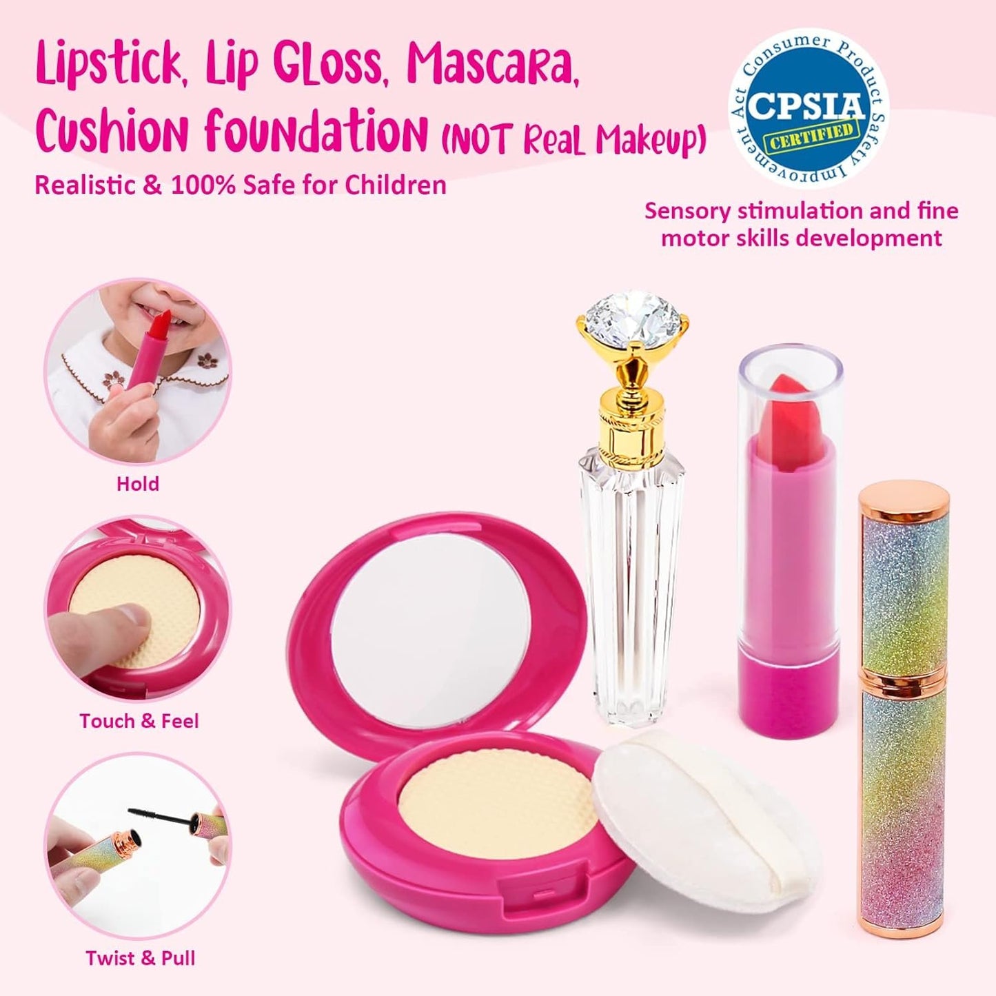 Kids Pretend Play Little Girl Purse Accessories, Princess Toy Cell Phone w/ Light & Sound, Fake Makeup, Wallet, Keys, Credit Card, Play Water Bottle Valentine Birthday Gift Toys for Girls