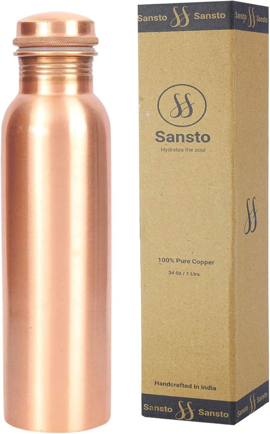 Handcrafted Hammered Traditional Indian 100% Pure Solid Plain Copper Bottle for Yoga, Sports, Outdoors, Daily Use, Leak-Proof Ayurvedic 34 Oz Copper Pitcher