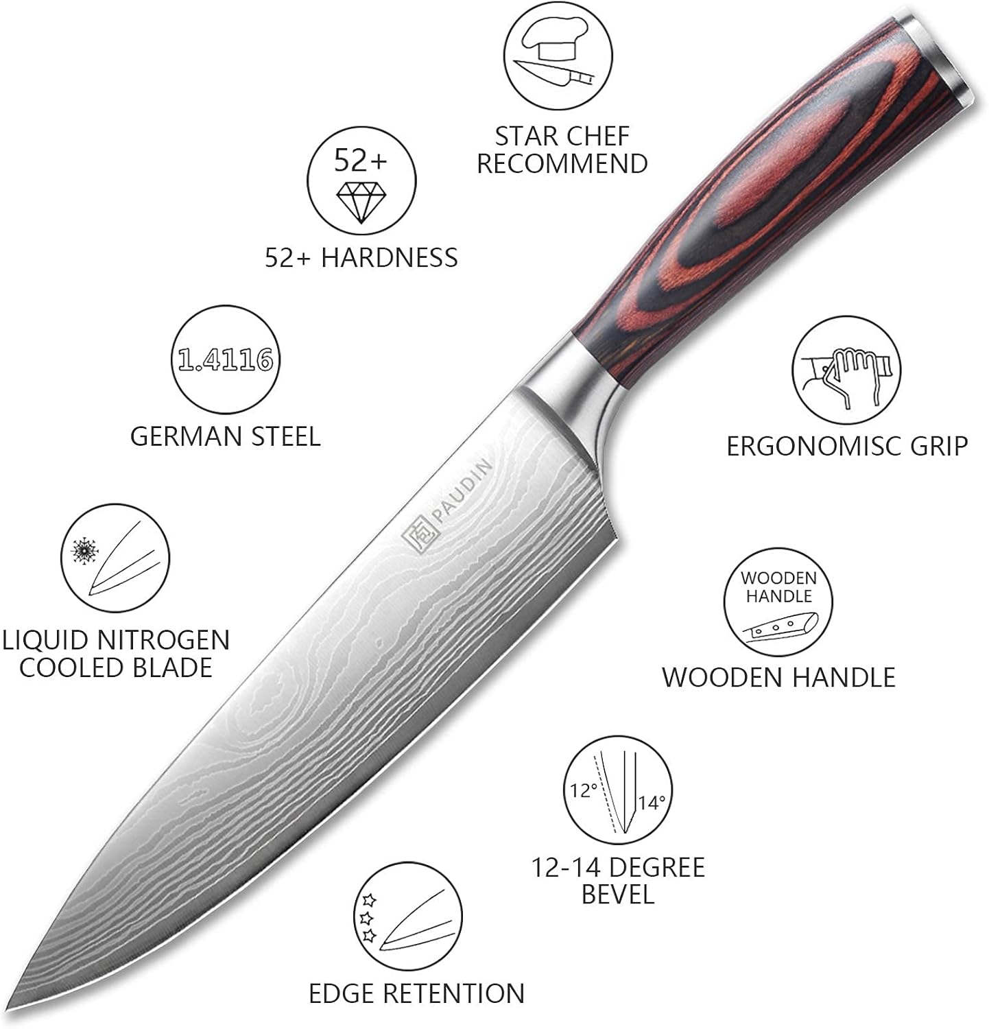 PAUDIN Chef Knife, 8 Inch High Carbon Stainless Steel Sharp Kitchen Knife with Ergonomic Handle, Gift Box for Family & Restaurant