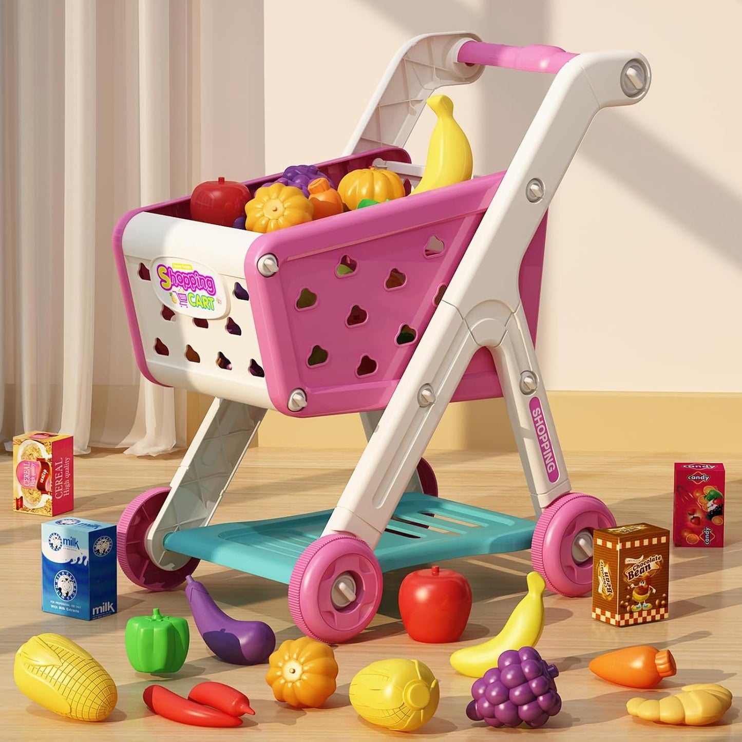 Jovow 98pcs Kids Shopping Cart Trolley Play Set with Pretend Food and Accessories,Perfect Pretend Play and Role-Playing Games ,Play Kitchen,Toy Kitchen,for 3 4 5 6 Year Old Girl Gifts (Rose Red)