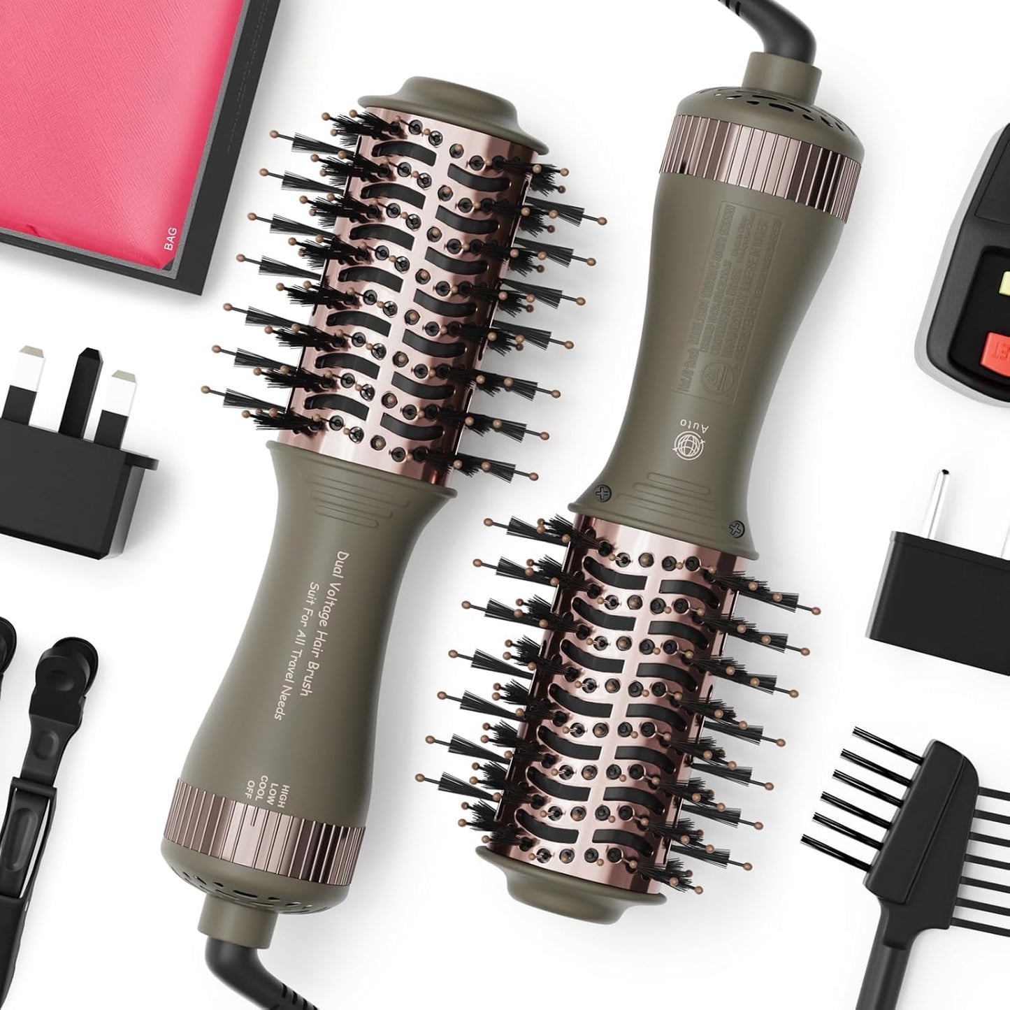 Travel Dual Voltage Blow Hair Dryer Brush 4-IN-1 Portable Mini Hot Air Dryer Straightener & Curler Brush, Titanium Round Blowout Styler Volumizer Tools, 110/240V US/EU/UK Plug for International Travel