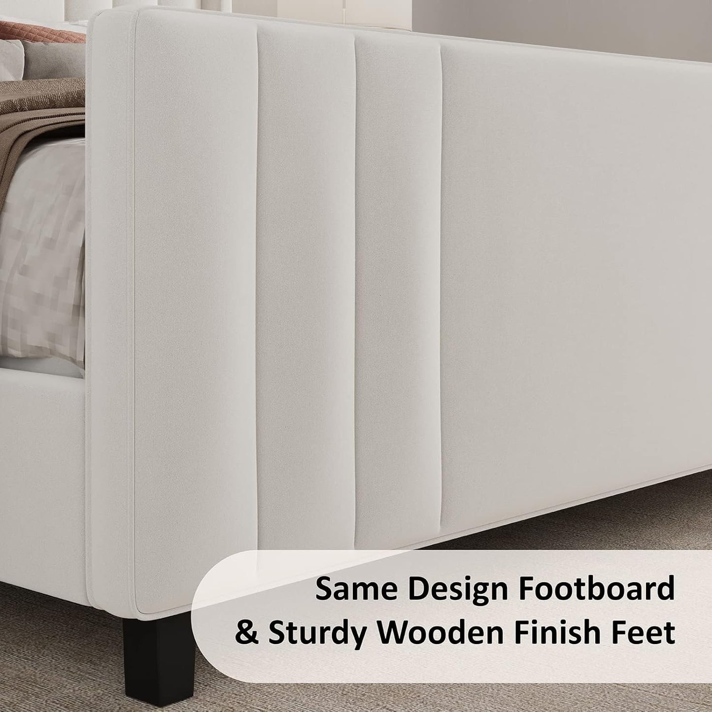 Jocisland Queen Size Platform Bed Frame, Upholstered Bed with Vertical Channel Tufted Wingback Headboard & Footboard, Premium Velvet, No Box Spring Needed, Cream