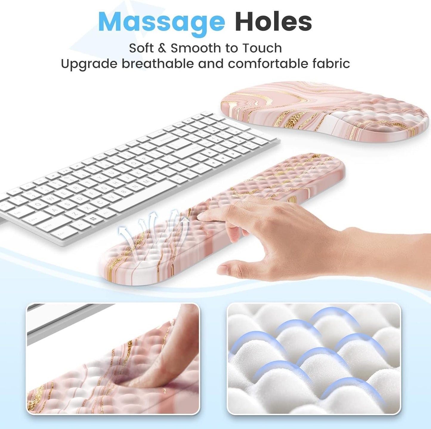 HAOCOO Keyboard Wrist Rest, Ergonomic Mouse Pad with Wrist Rest, 3 in 1 Keyboard and Mouse pad with Coaster Set, Memory Foam Wrist Support, Non-Slip PU Base for Home Office, Rose Gold Pink