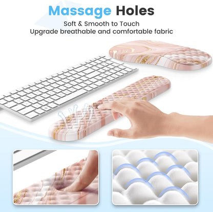 HAOCOO Keyboard Wrist Rest, Ergonomic Mouse Pad with Wrist Rest, 3 in 1 Keyboard and Mouse pad with Coaster Set, Memory Foam Wrist Support, Non-Slip PU Base for Home Office, Rose Gold Pink