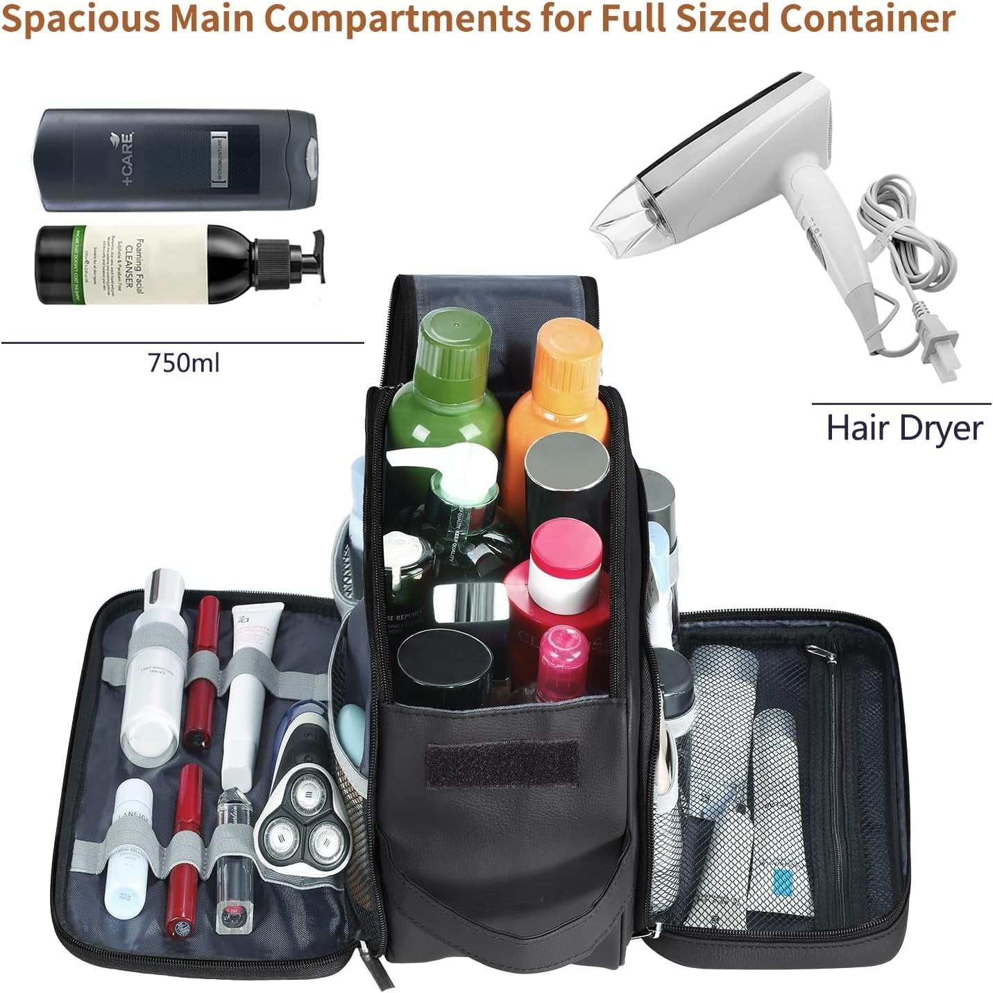 Buruis Large Toiletry Bag for Men & Women, PU Leather Travel Toiletry Organizer, Dopp Kit, Water-resistant, Black, XL, Toiletry Bag