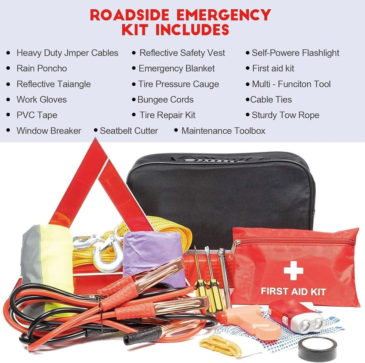 Car Emergency Kit,Multifunctional Roadside Assistance Auto Safety Tool with First Aid Kit, Jumper Cables, Tow Strap, Rain Coat, Tire Pressure Gauge for Your Car, Truck or SUV (Car Emergency Tool2)