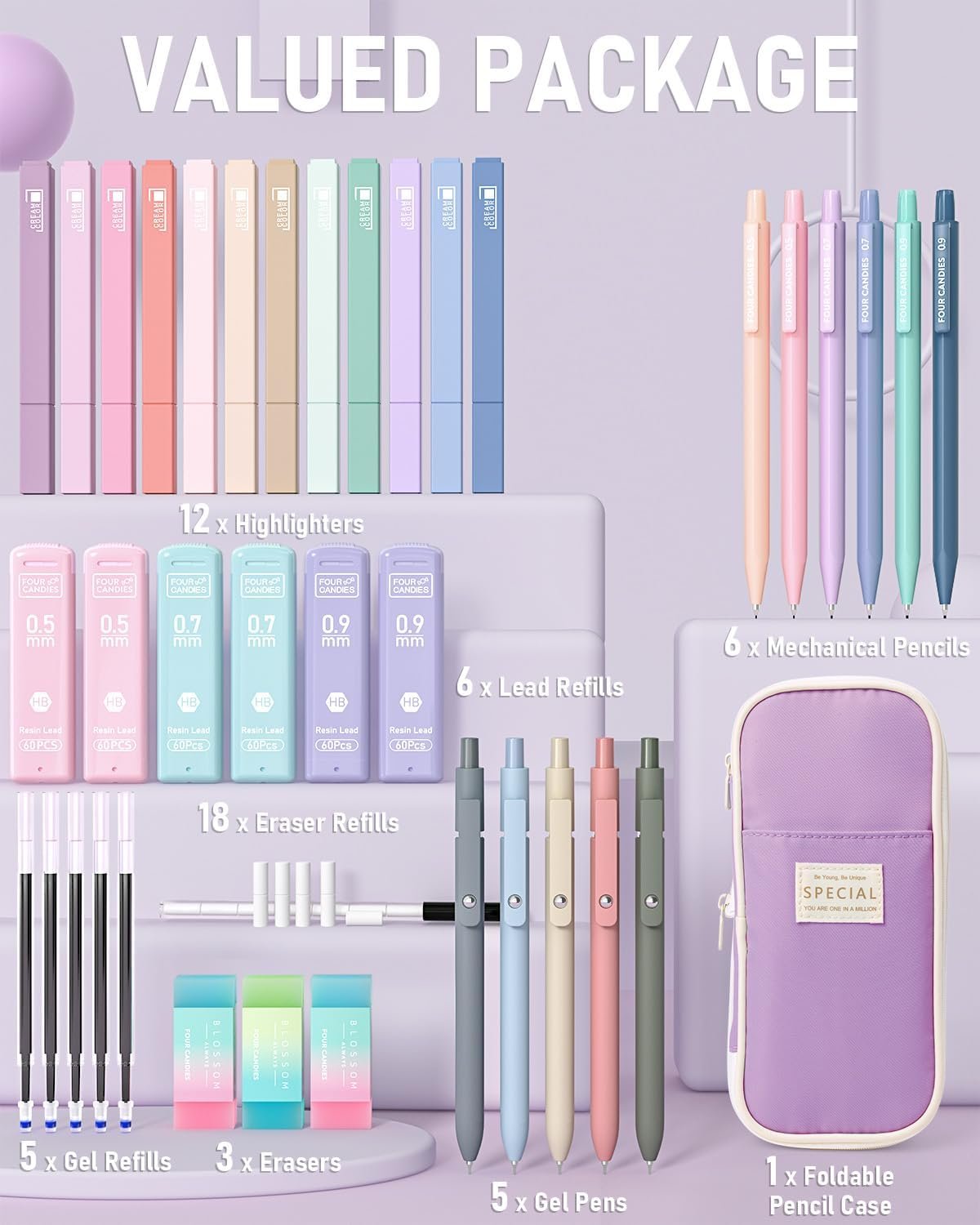 Four Candies 39 PCS Aesthetic School Supplies with Cute Pen Case, 12 Pastel Highlighters, 5 Black Ink Gel Pens, 6 Mechanical Pencils Set 0.5 & 0.7mm for Students Stationary College Essentials (Purple)