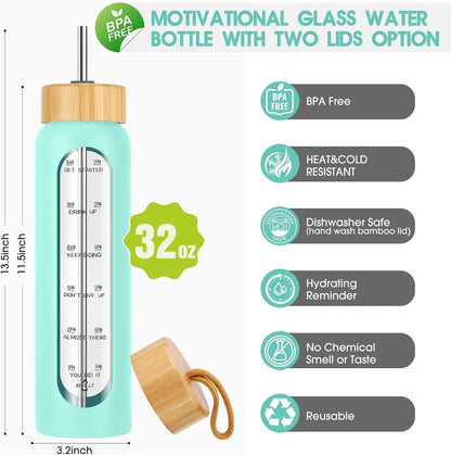 SipZest 32 oz Glass Water Bottle with Straw - Motivational Time Marker & Silicone Sleeve - Reusable Tumbler Includes 2 Bamboo Lids & Fruit Infuser - 1 Pack
