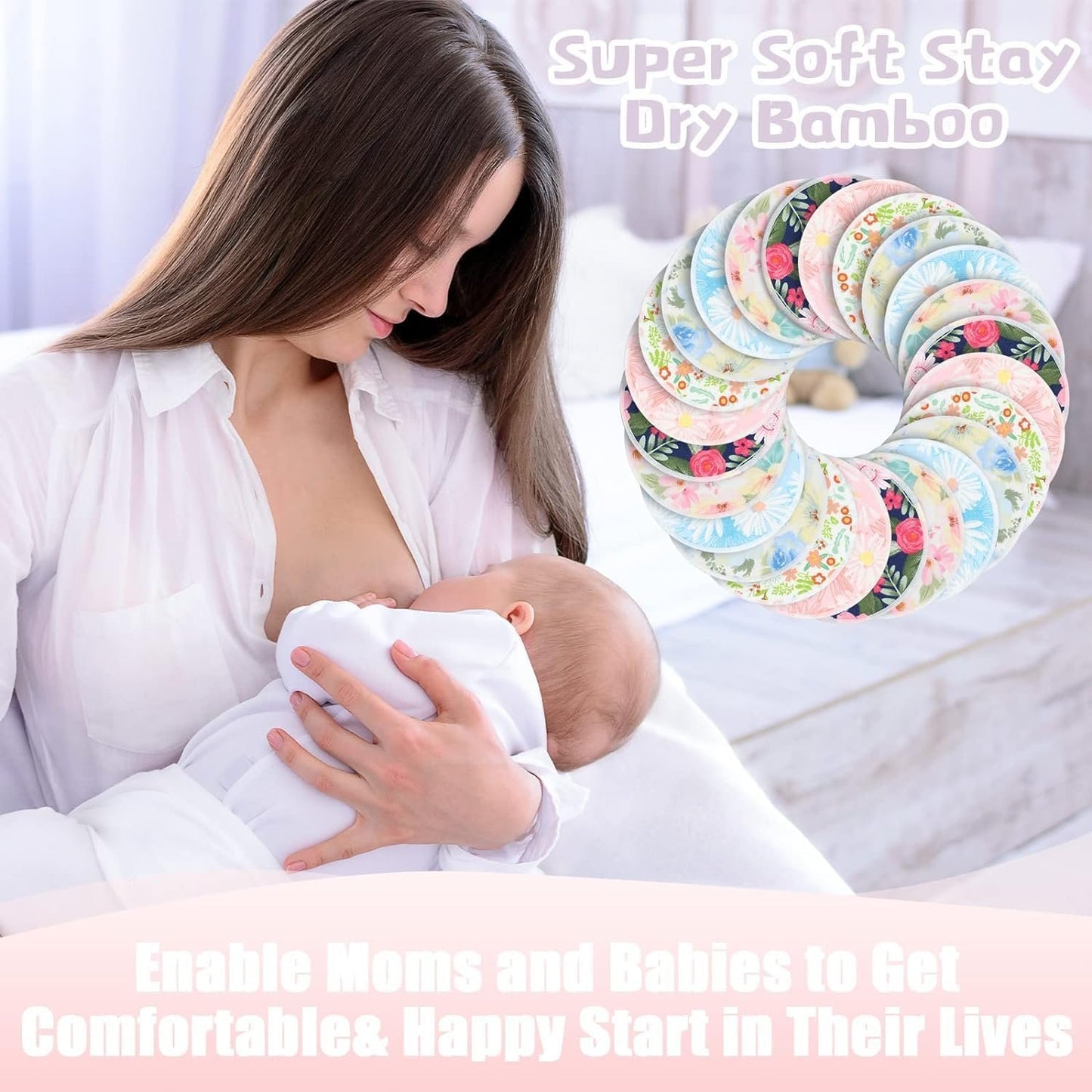 ZONEY 12Pcs Reusable Breast Pads, Bamboo Nursing Pads with Wet and Laundry Bag Floral Nipple Pads Breastfeeding, Nursing Pad Absorbent Pads for Breastfeeding Maternity (Flower)