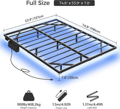 MAHANCRIS Full Size Floating Bed Frame, Metal Platform Bed with Power Strip and LED Strip, Metal Bed Frame with Storage Box, Soundless, No Box Springs Needed, Black