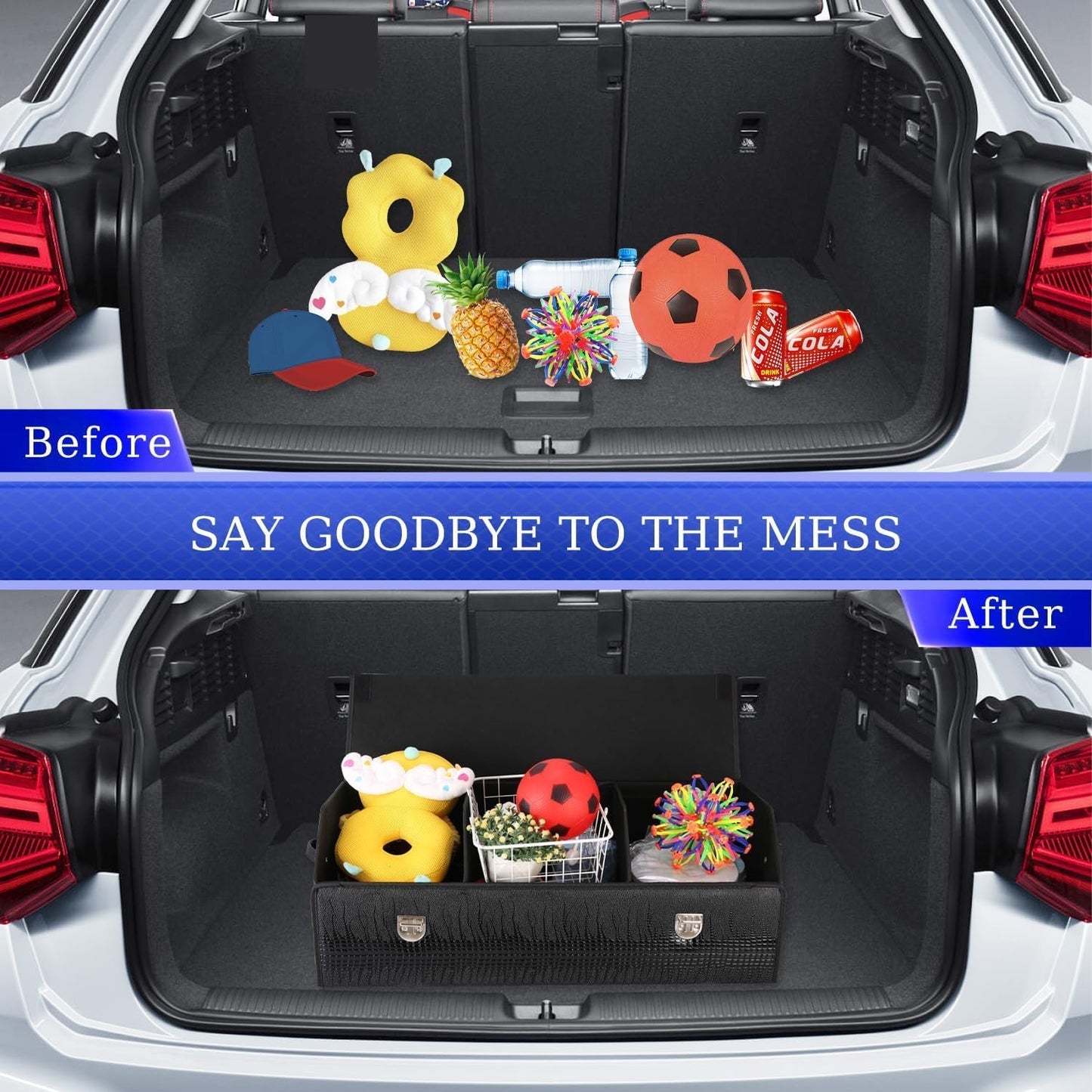 Atelse Modern, Functional Leather Car Trunk Organizer - Large (74.93 cm L x 30.99 cm W x 10.16 cm H) - 3 Compartments - Black - Waterproof - Collapsible, Customizable - SUV & Car Trunk Storage Box