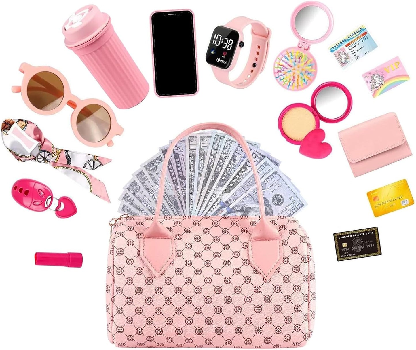 Play Purse, Toy Purse, 7.87x4.33x5.12 inches Princess Pretend Accessories, Interactive Role Play Clutch Set, Dress-Up Games for Kids Children Ages 3 6 Years Old, Little Girls