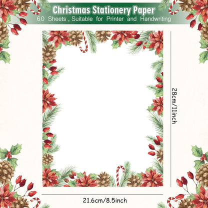 AnyDesign 60Pcs Christmas Stationery Paper 4 Design Christmas Green Plants Border Letterhead Winter Decorative Writing Paper for Xmas Notes Greeting Cards Invitation Office School Printing, 8.5 x 11"
