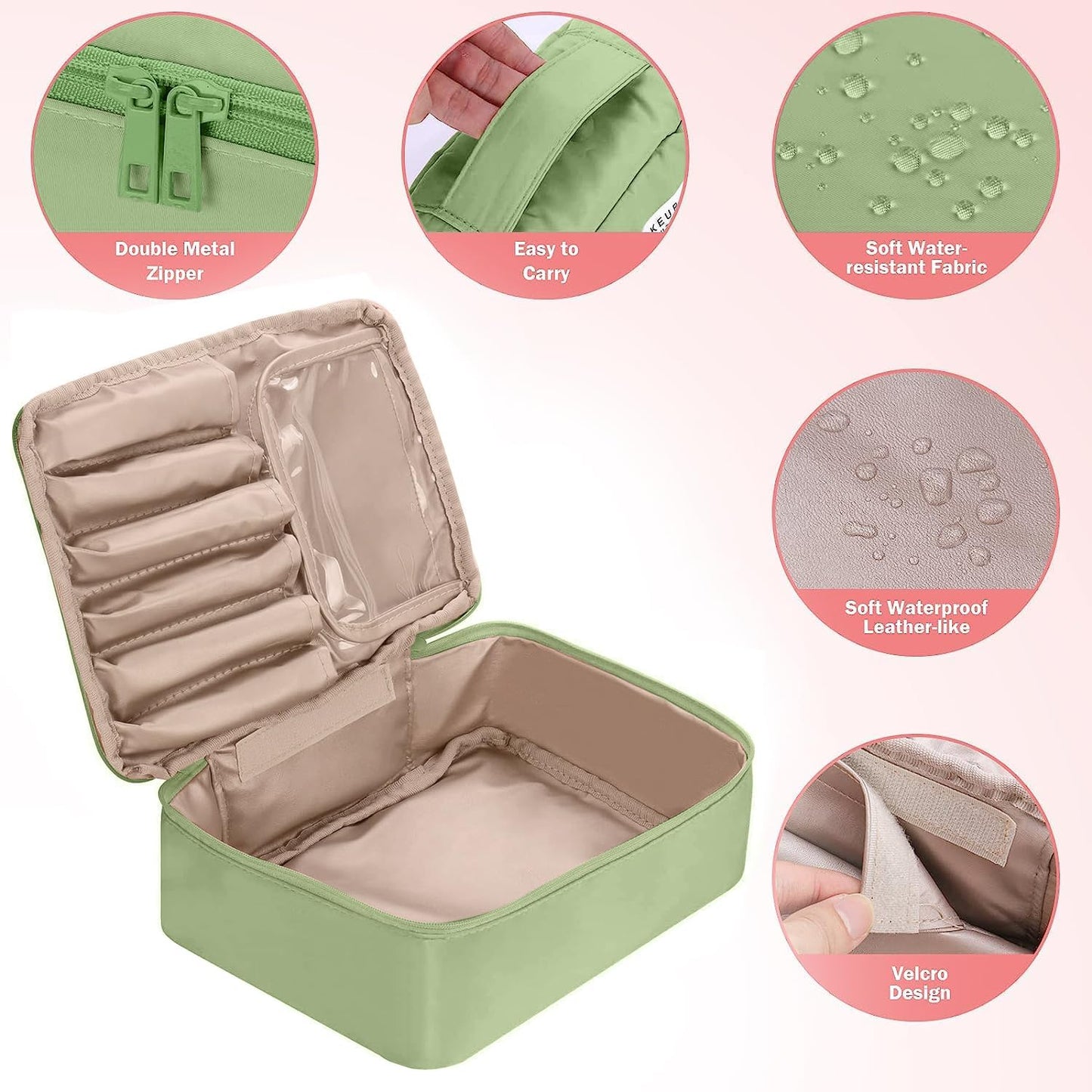 Makeup Bag, Makeup Bag, Travel Beauty Case Women Toiletry Bag, Cosmetic Organizer for Women and Girls[With Brush Holder and Detachable Pouch], green, Makeup Bag