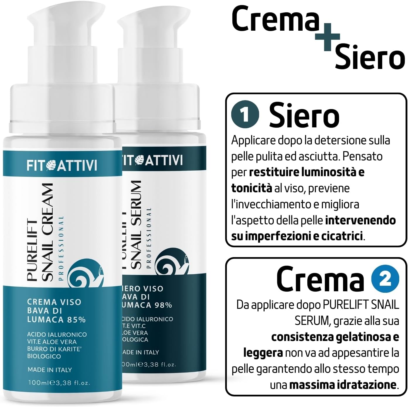 100 ml | Hyaluronic Acid and Vitamin C Face Serum with Snail Slime, Anti-Wrinkle and Anti-Stain Serum, Natural Oily Skin Face Serum and Made in Italy - Phytoactive