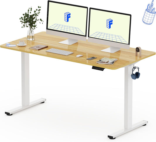FLEXISPOT EG1-SET 160 x 80 cm Adjustable Height Standing Desk Electric Desk Motorized Desk Solid Steel Frame 2-Stage for Working from Home (White+Maple)