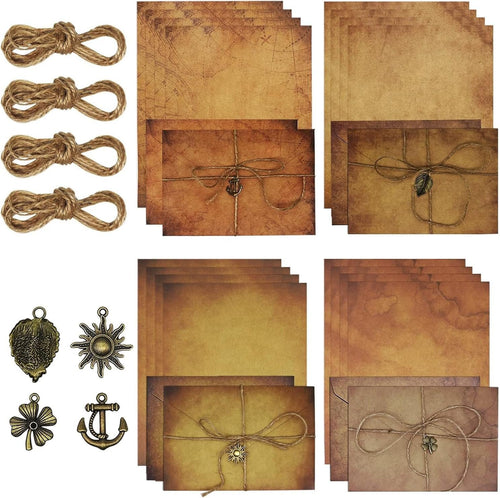 40 PCS Vintage Letter Paper with Envelope Set, Vintage Light Writing Paper Set,Writing Stationery Paper Letter and Envelopes with Antique Paper 8 Kraft Envelopes 8 Retro Keys 8 Hemp Ropes