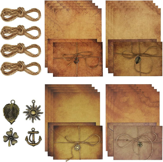 40 PCS Vintage Letter Paper with Envelope Set, Vintage Light Writing Paper Set,Writing Stationery Paper Letter and Envelopes with Antique Paper 8 Kraft Envelopes 8 Retro Keys 8 Hemp Ropes