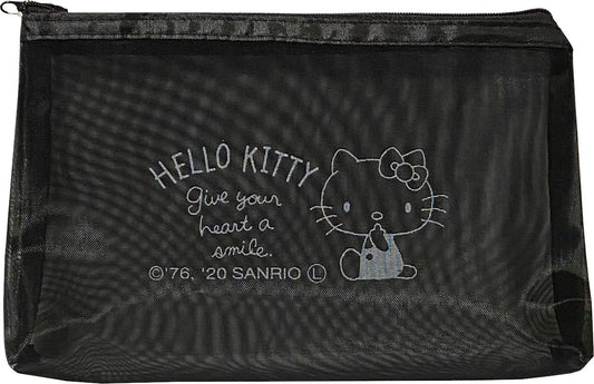 Sanrio Hello Kitty Accessories Cosmetic Mesh Nylon Polyester Pouch Zipper Case Bag with Gusset 21.5×13×3.5cm (Simple), Black