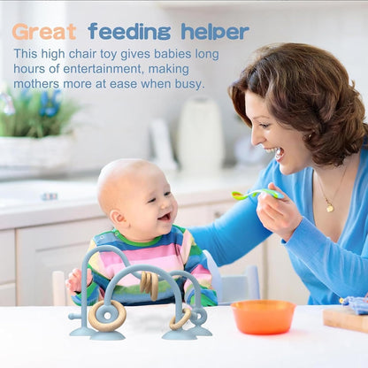 LYNSAN Suction Cup Toys Baby Silicone High Chair Toy with Wooden Rings Educational Montessori Sensory Learning Toys Gift for Kindergarten Bath Airplane Travel Car Toddlers Kids Boys Girls, Blue