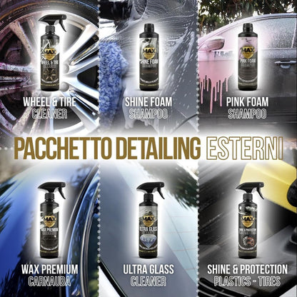MAX DETAIL-LAB - Detailing Pack - Car Cleaning Kit with Washing Accessories Included, Interior Exterior Products, Shampoo, Rim Cleaner, Seats, Wax, Glasses, Dashboard, Renews Black Rubber Plastics
