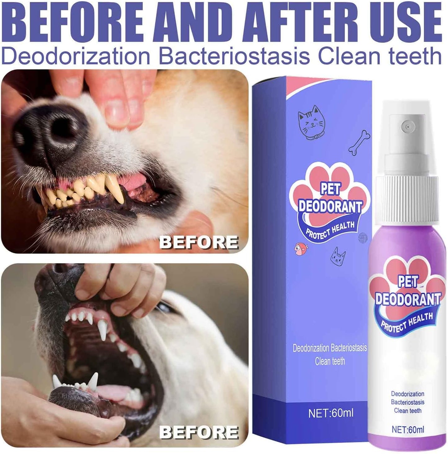 Pet Oral Spray, Teeth Cleaning Spray for Dogs & Cats, New Pet Teeth Cleaning Spray, Pet Breath Freshener Spray Care, Targets Tartar, Plaque Removing, Without Brushing, Eliminate Bad Breath, Pet Oral