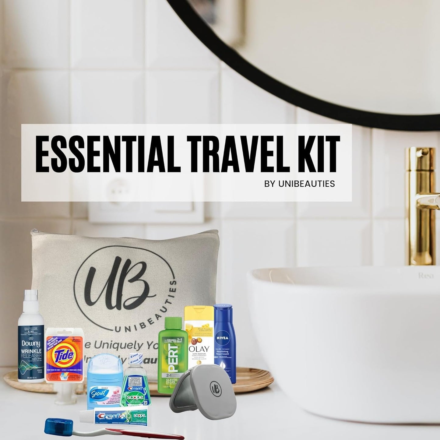 Travel Essentials:Travel Size Products Bundle with Mini Travel Size toiletries Including Mini Deodorant Travel Size mouthwash Travel Size Toothpaste, Laundry Sink Packets & Travel Organizer