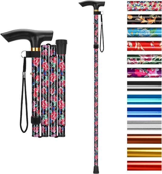 supregear Folding Cane, 5-Level Adjustable Height Walking Stick Lightweight Collapsible Portable Travel Cane with Wrist Strap and T Handle for Elderly Disabled Men Women