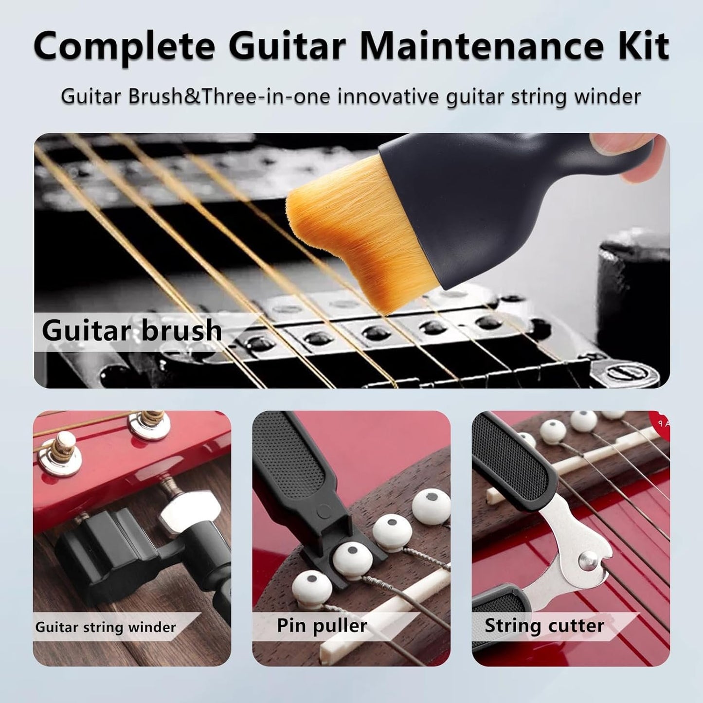 Guitar Cleaning Kit – 8-Pack Complete Care Set with Innovative Sponge Applicator | Guitar Cleaner, Lemon Oil(fretboard oil), Polish Wax, String Cleaner, Winder, Brush & Microfiber Cloth