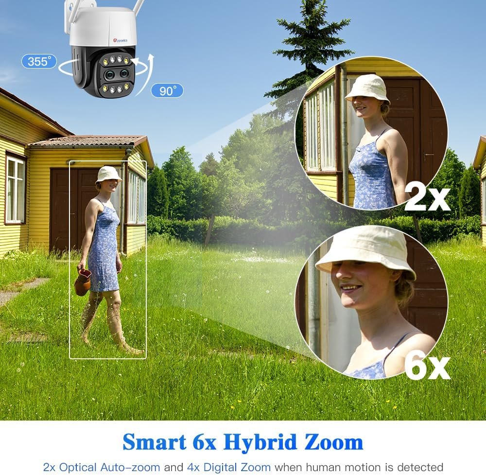 ctronics Dual Lens Security Camera Outdoor with 6X Hybrid Zoom, 360Â° CCTV Camera, 1080P PTZ IP Home Security WiFi Camera, Human Detection, Auto Tracking, Color Night Vision, Siren, 2-Way Audio, IP66