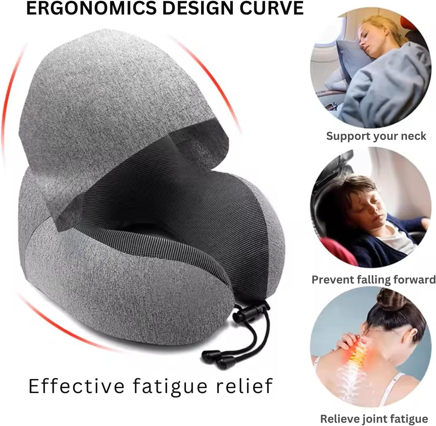 Premium Memory Foam Travel Neck Pillow with Adjustable Strap, Ergonomic Design for Neck Protection Hooded U-Shape Breathable Pillow, Includes Bag, Earplugs & Eye Mask for Convenience and Comfort