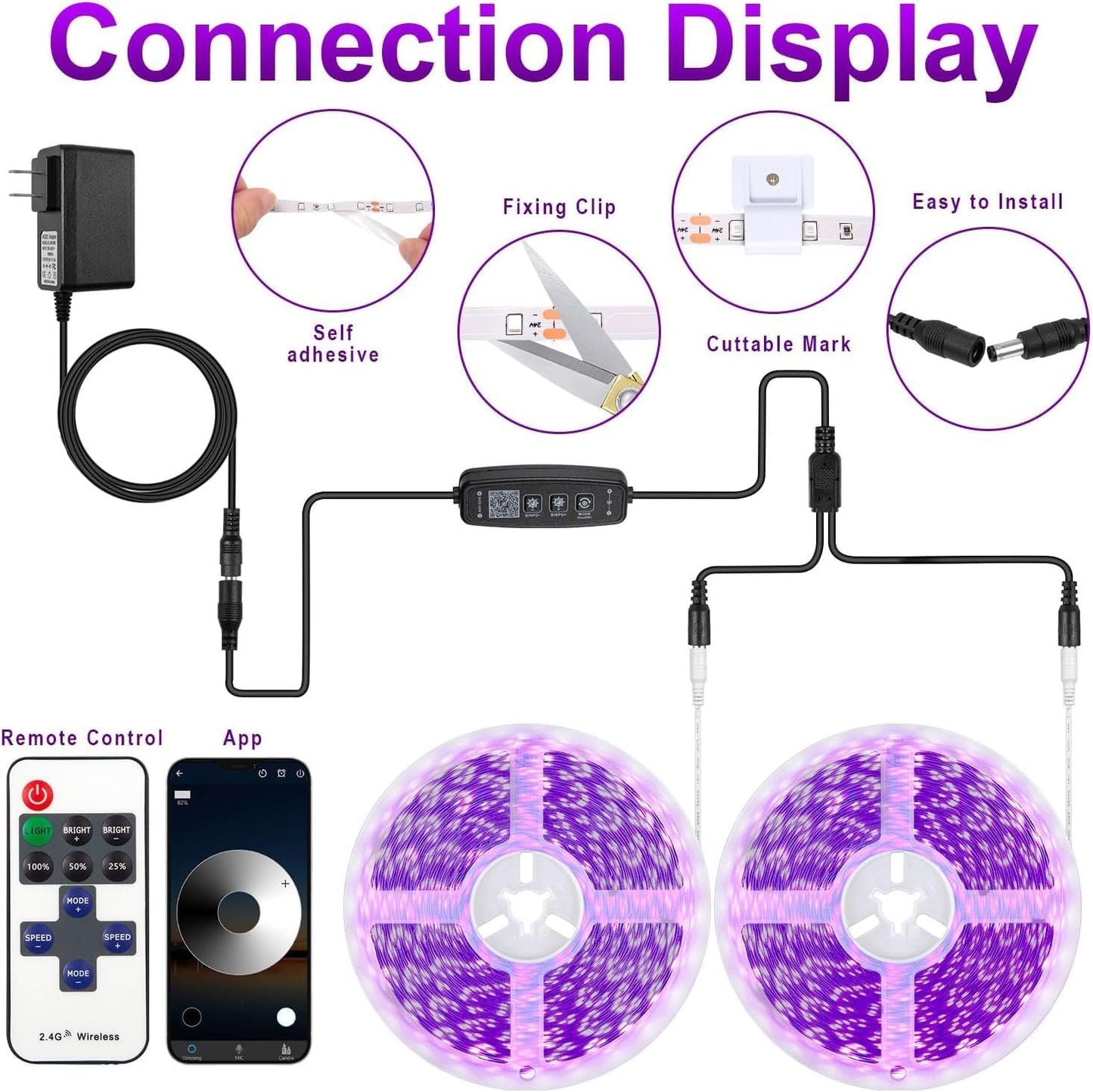 TENDIST 15M Black Light Strip, Bluetooth Purple LED Strips Lights with RF Remote Control and Smart App, 24V UV Blacklight Glow in The Dark Lights for Poster, Bedroom, Party Lighting