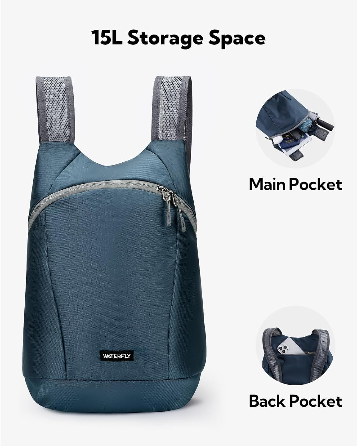 WATERFLY Foldable Lightweight Hiking Backpack: 15L Packable Daypack Men Women Ultralight Thin Day Pack for Travel Camping
