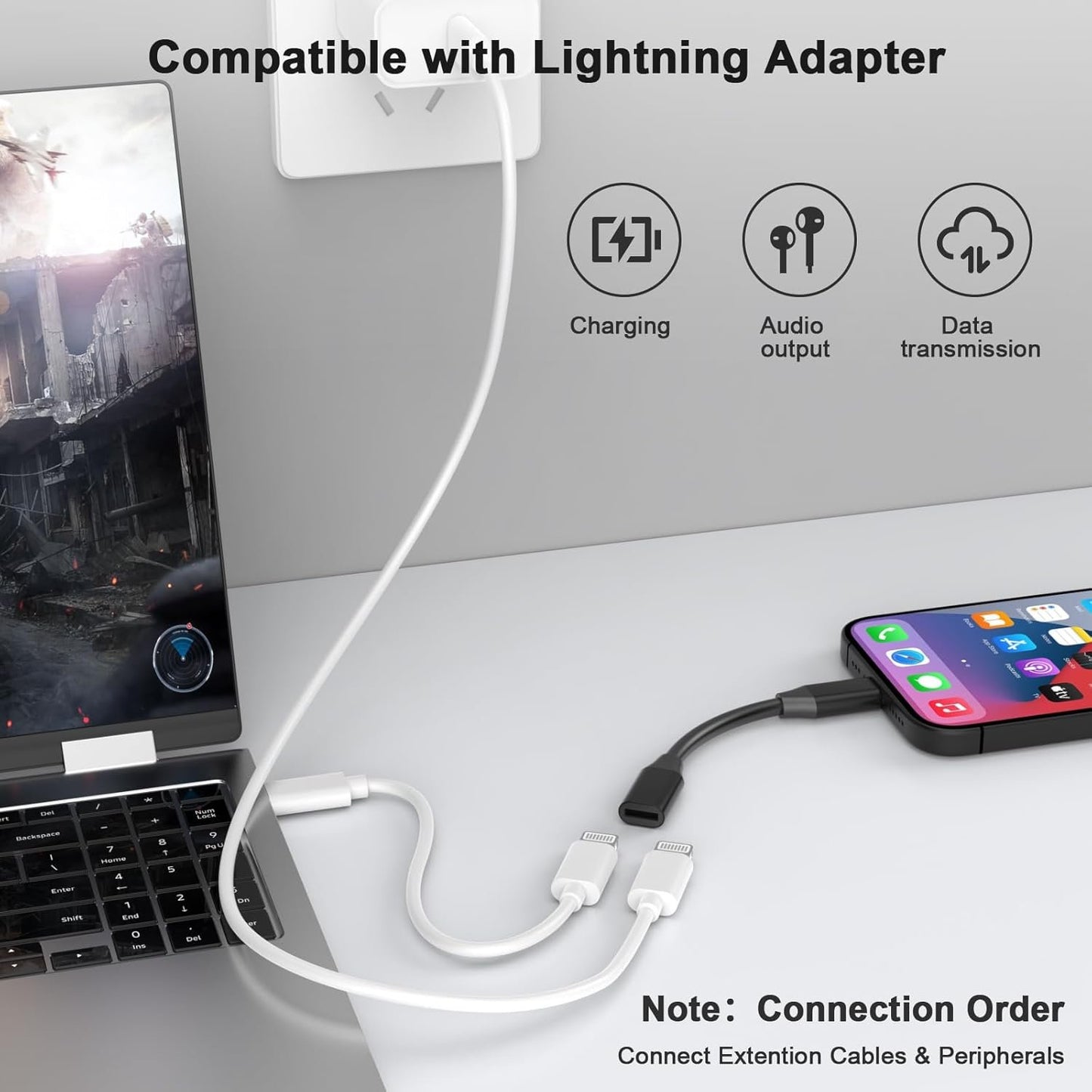 iPhone Charging Extension Adapter Cable Cord 10cm,Lightning Male to Lightning Female Charger Adapter,[MFi Certified] Connector Converter Dongle Compatible with iPhone 14 13 12 11 XS XR X 8 7 6 5