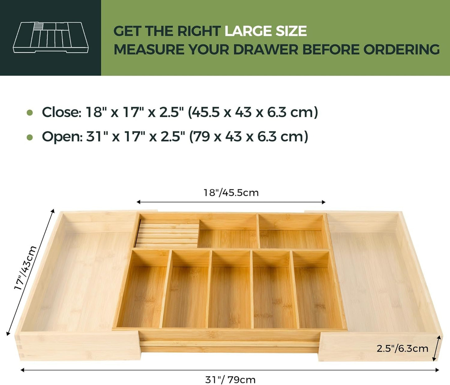 VaeFae Extra Large Bamboo Cutlery Drawer Organizer, Expandable Kitchen Utensil Organizer with Knife Block, Multifunctional Wooden Drawer Divider