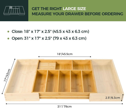 VaeFae Extra Large Bamboo Cutlery Drawer Organizer, Expandable Kitchen Utensil Organizer with Knife Block, Multifunctional Wooden Drawer Divider