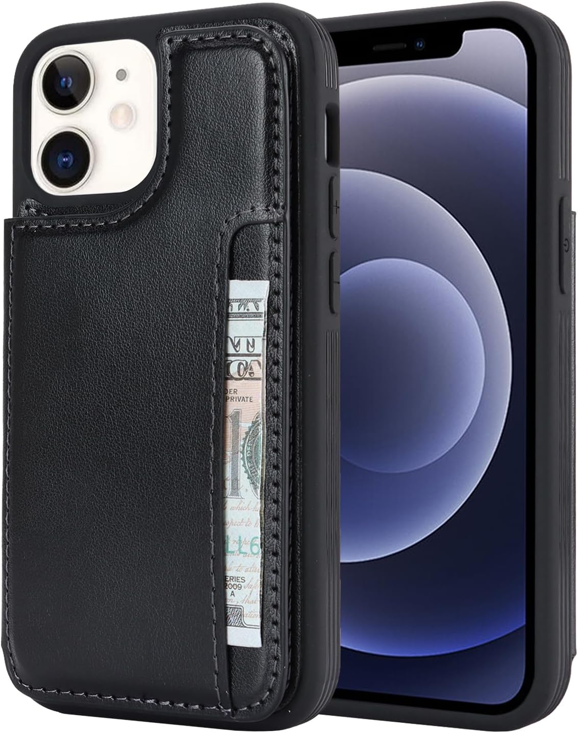 Cavor for iPhone 12 Mini Case Vertical Flip Cover for iPhone12 Mini Wallet Cases PU Leather Kickstand with Card Slots Holder Magnetic Clasp Protective Phone Cover for Women Girl Men-Black