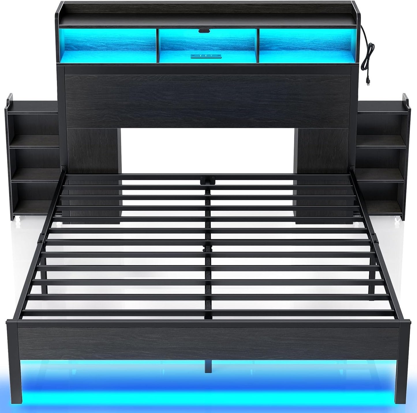 Rolanstar Bed Frame Queen Size with Bookcase Storage Headboard, Slide Out Bedside Storage Table, Bed with Charging Station & LED Lights, Heavy Duty Metal Slats, No Box Spring Needed, Noise Free, Black