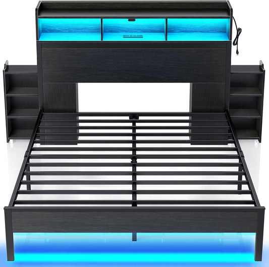 Rolanstar Bed Frame Queen Size with Bookcase Storage Headboard, Slide Out Bedside Storage Table, Bed with Charging Station & LED Lights, Heavy Duty Metal Slats, No Box Spring Needed, Noise Free, Black