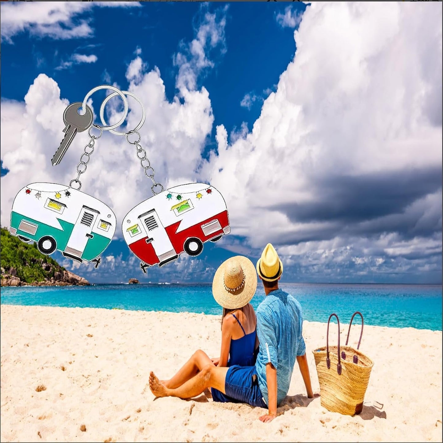 2 Pack Camper Keychain Set Happy RV Keyring Couples Camping Gifts for Men Women Camper Travel Trailers Accessories